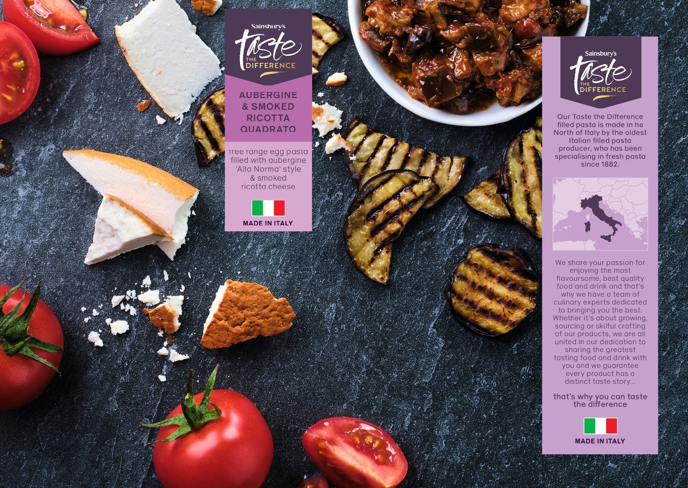 Sainsbury’s Taste the Difference aubergine and smoked ricotta quadrato, on pack