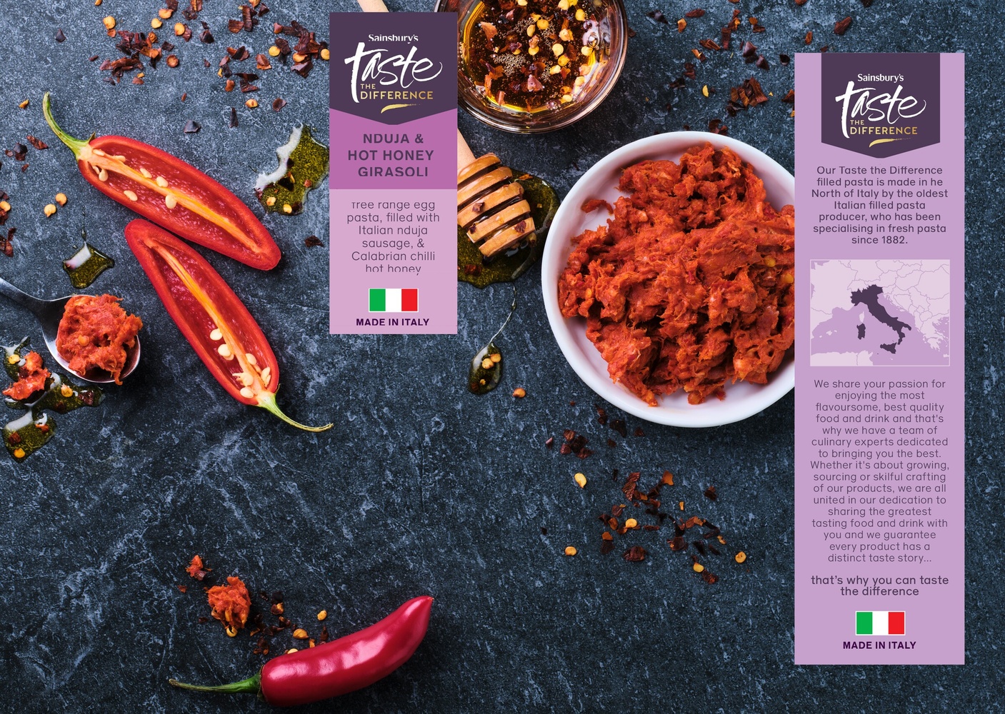 Sainsbury’s Taste the Difference ’nduja and hot honey girasoli, on pack