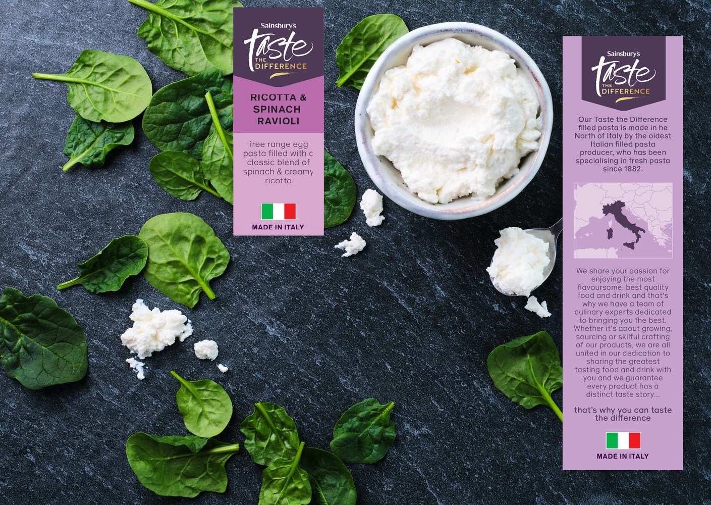 Sainsbury’s Taste the Difference ricotta and spinach ravioli, on pack